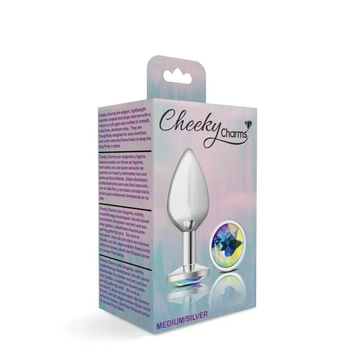 Cheeky Charms Anal | Cheeky Charms Silver Round Butt Plug w Clear Iridescent Jewel Medium