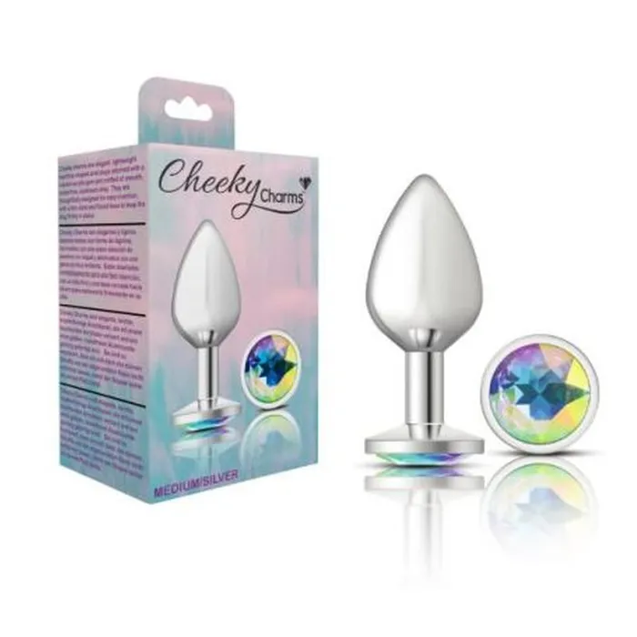 Cheeky Charms Anal | Cheeky Charms Silver Round Butt Plug w Clear Iridescent Jewel Medium