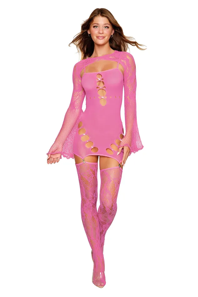 Dreamgirl Vibrators Garter Dress With Thigh High and Shrug One Size Milkshake Pink Dreamgirl Vibrators Garter Dress With Thigh High and Shrug One Size Milkshake Pink